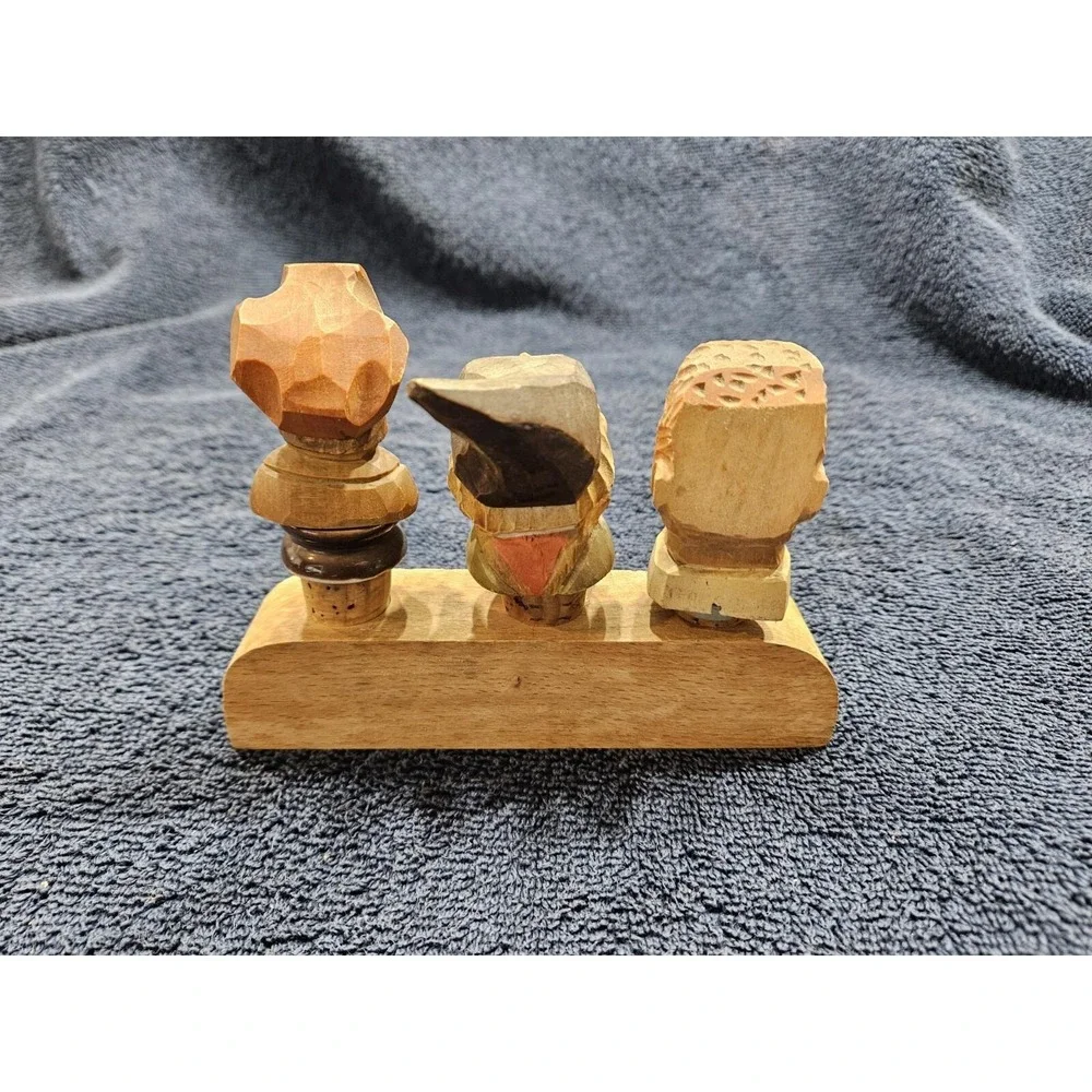 Hand Carved‎ Hand Painted Wood Bottle Toppers Set of 3 with holder Germany Vtg